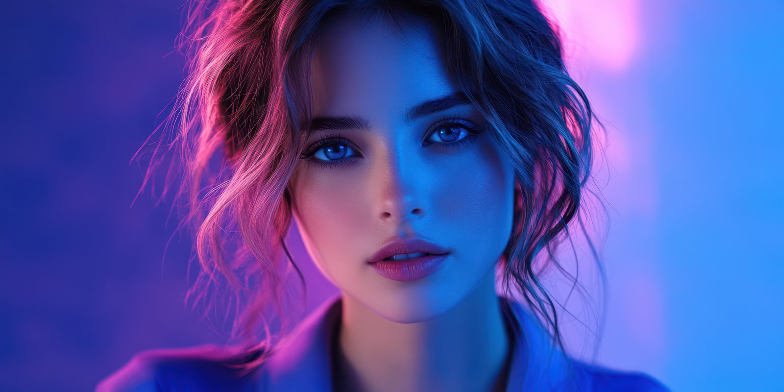 Young woman with striking features illuminated by colorful lights posing in a close-up portrait